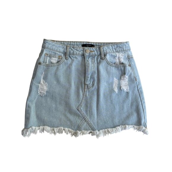 Forever 21 Light Blue Distressed Denim Mini Skirt With Frayed Hem & Pockets Size - Picture 1 of 6